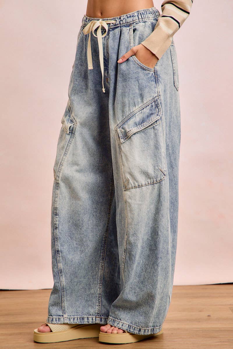 BAGGY BARREL DENIM PANTS WITH CARGO POCKETS: DENIM