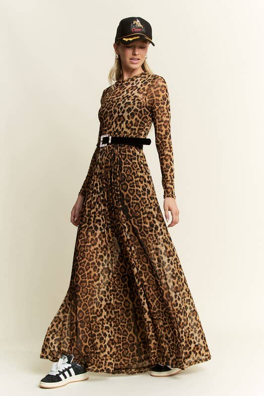 ANIMAL PRINT MESH MOCK DRESS: MOCHA BROWN