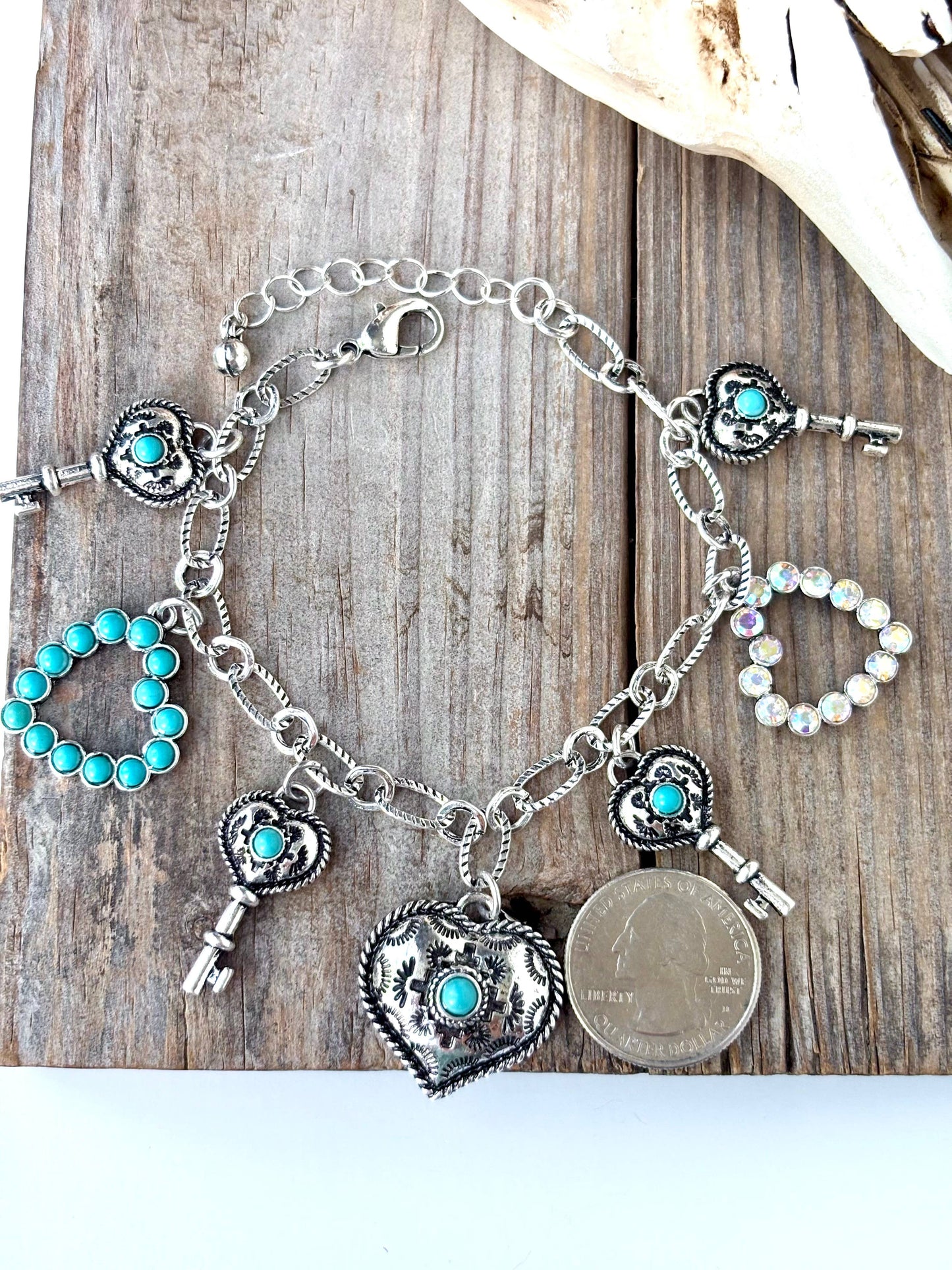Western Style Stone Multi Charm Chunky Chain Bracelet : Heart Heart