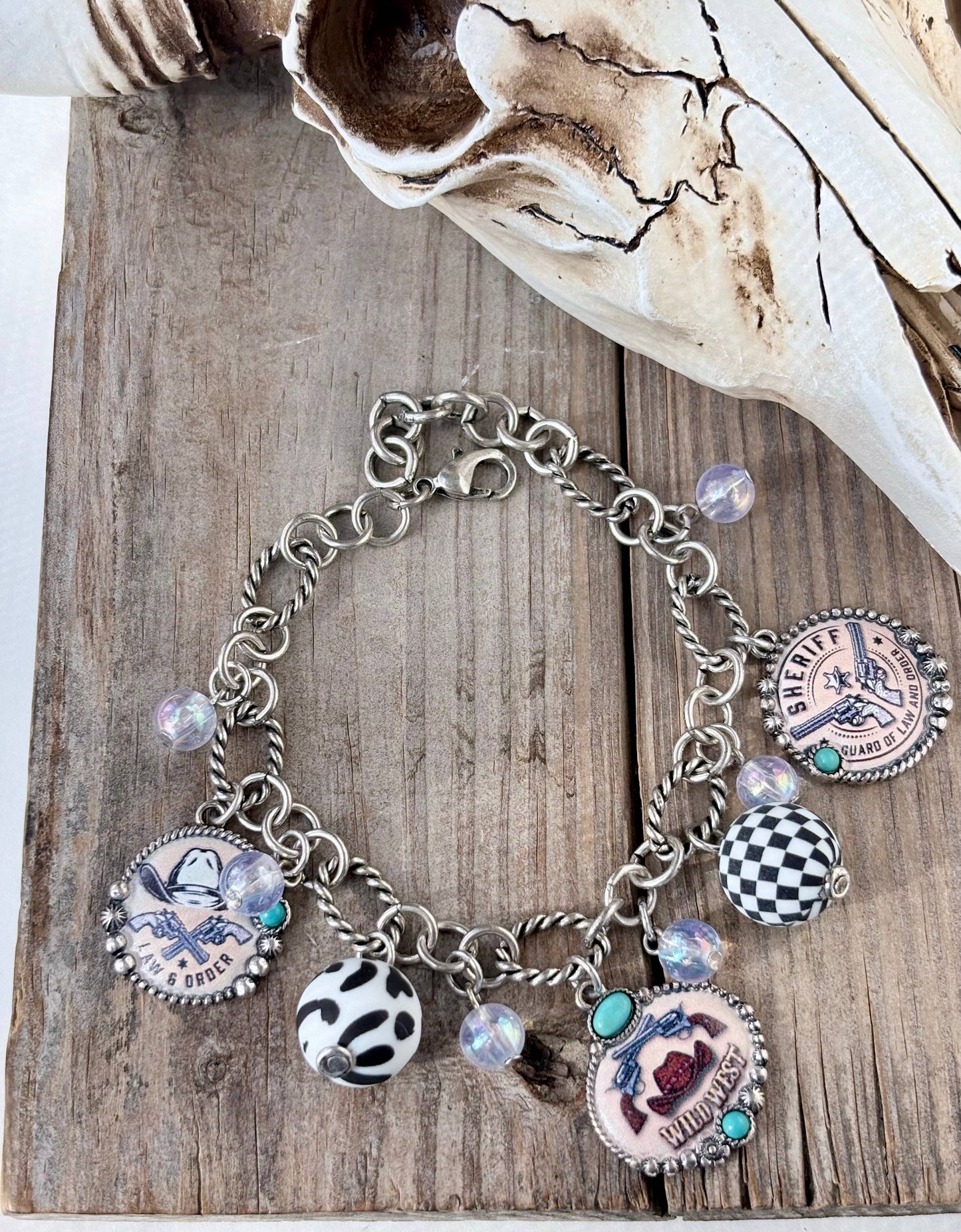 Western Style Multi Charm w/ Turquoise Stone Bracelet: Wild West