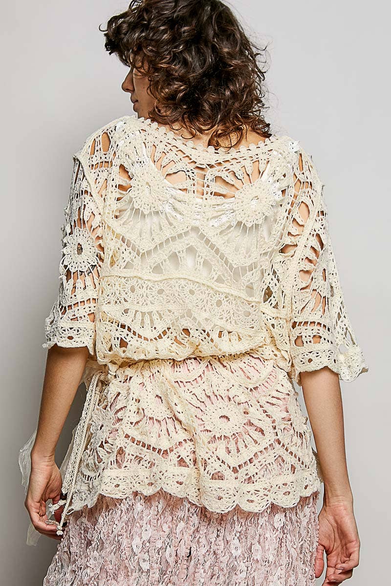 Round Neck Weaving Pattern Crochet half sleeve Top: OLIVE / One Size Fits Small to XXL