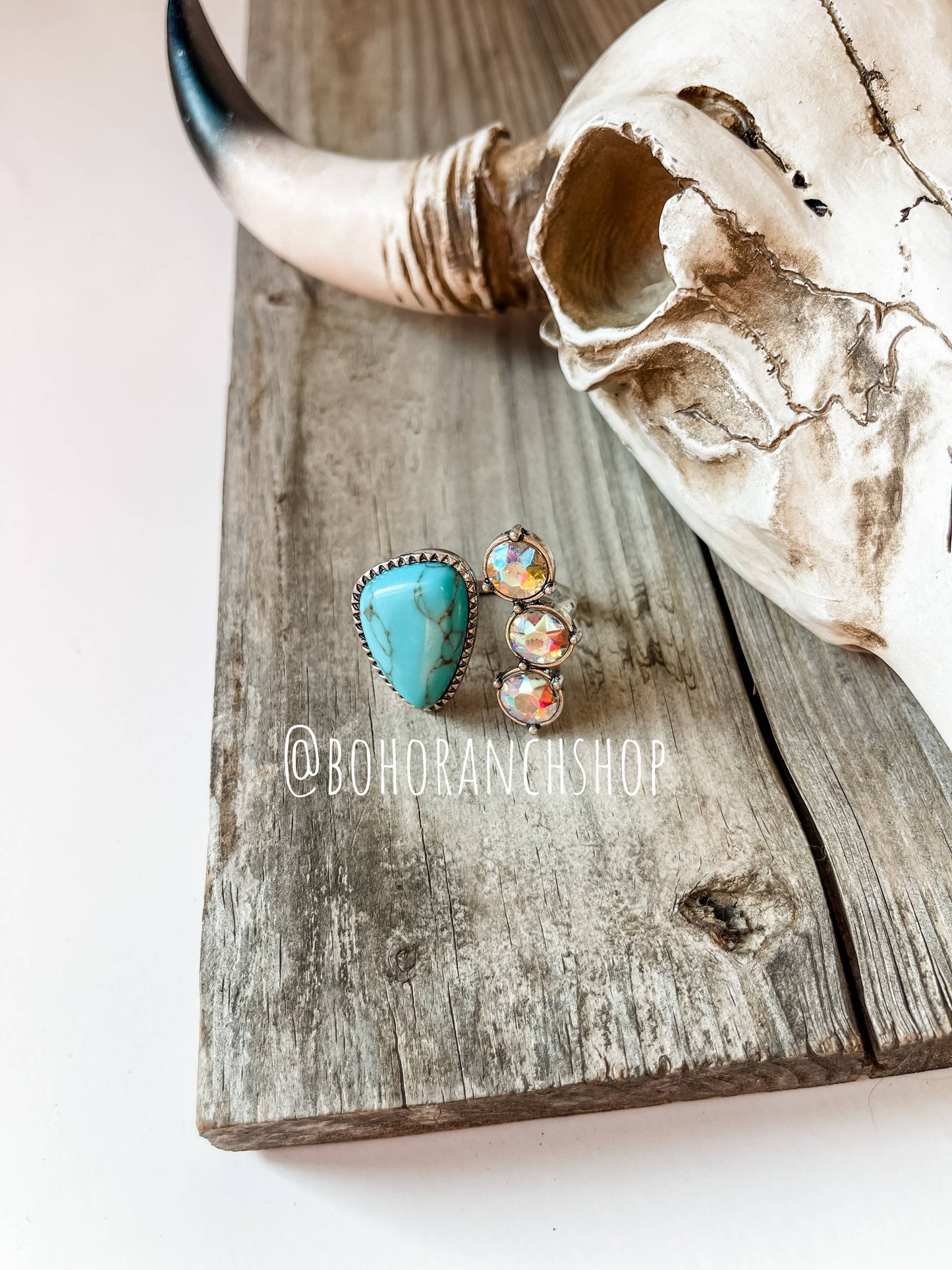 Glass Bling Stone Cuff Ring - Iridescent: TURQUOISE + AB CLEAR STONE