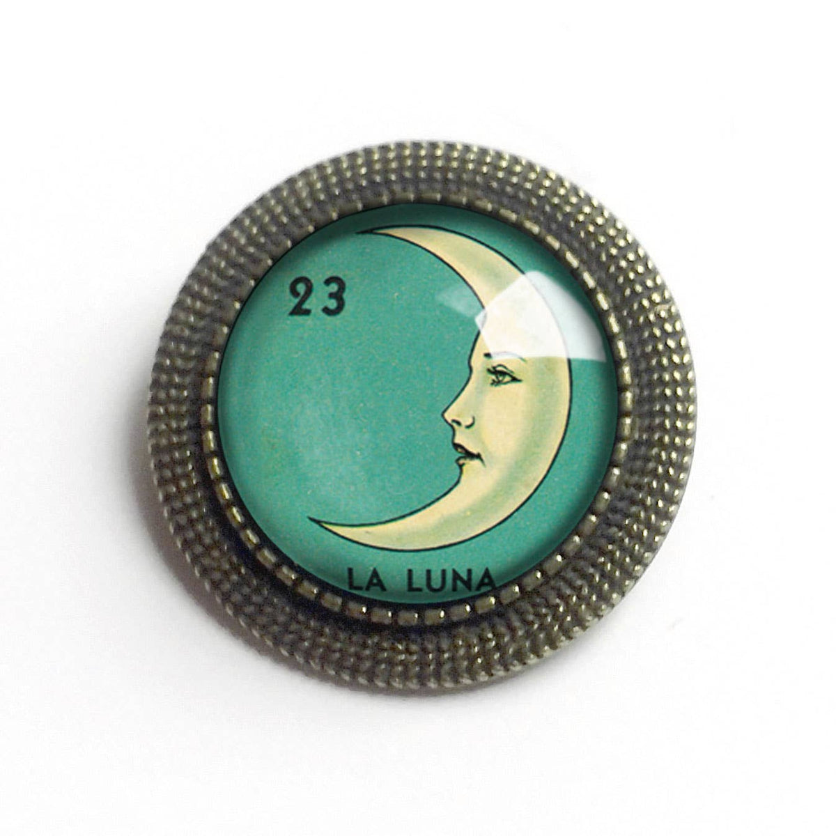 Loteria La Luna Crescent Moon Glass Cabochon Brooch
