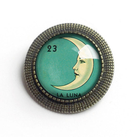 Loteria La Luna Crescent Moon Glass Cabochon Brooch