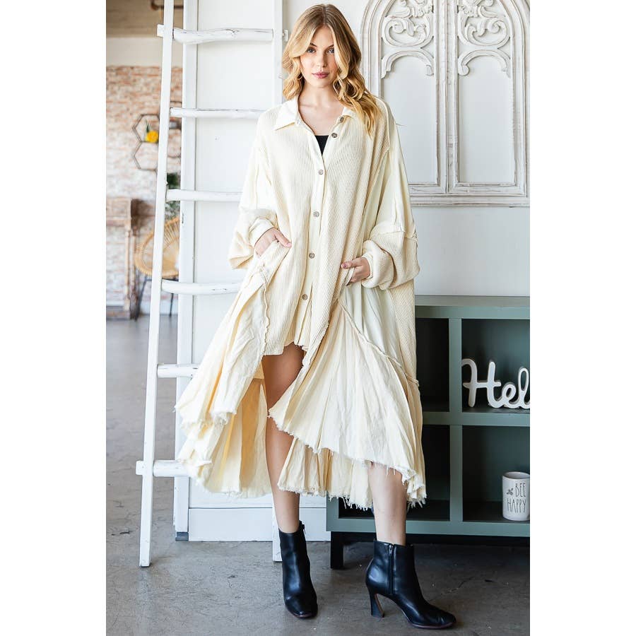 WASHED WAFFLE LONGLINE RUFFLE HEM SHIRT: CREAM / ONE SIZE