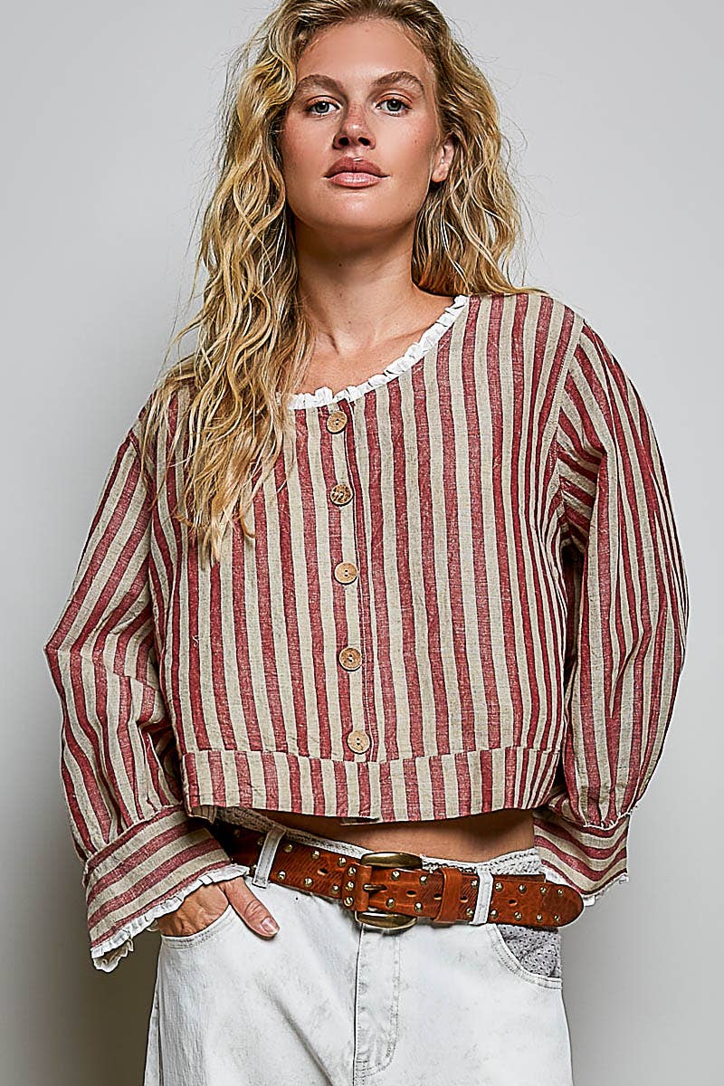 Ruffle Striped Pattern Wood Button Down Cotton Jacket Top: RED MULTI / S