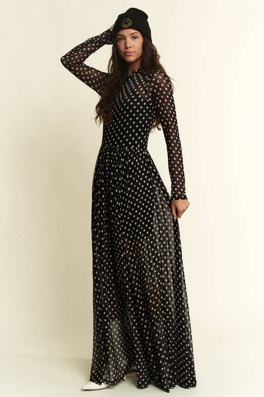 POLKA DOT PRINT MESH MAXI DRESS: Black