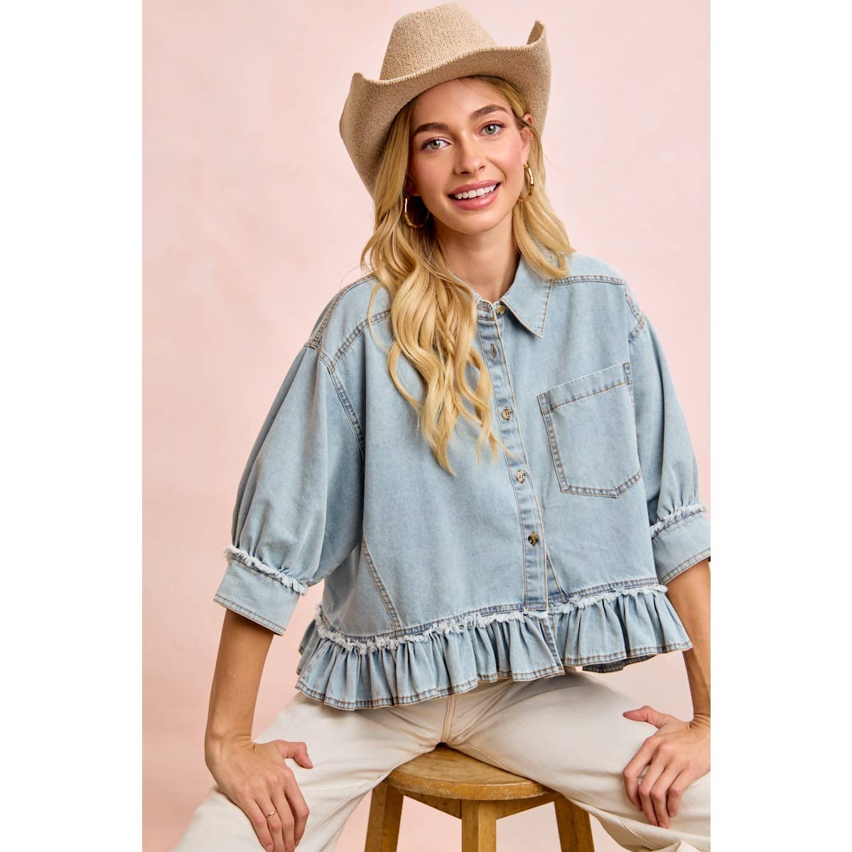 WASHED DENIM RUFFLED HEM BUTTON UP SHIRT: WASHED DENIM / S-XL