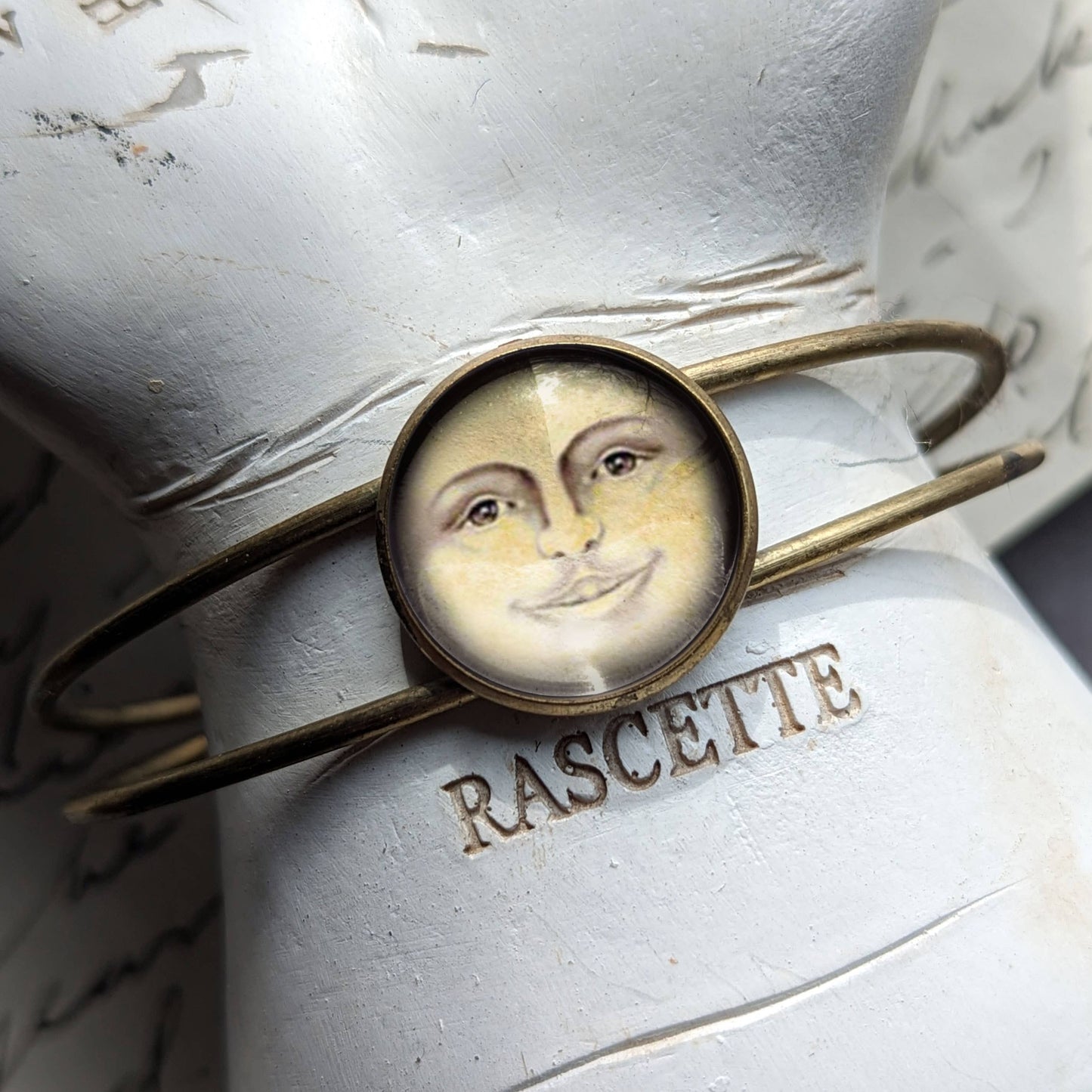 Victorian Man in the Moon Glass Cabochon Cuff Bracelet