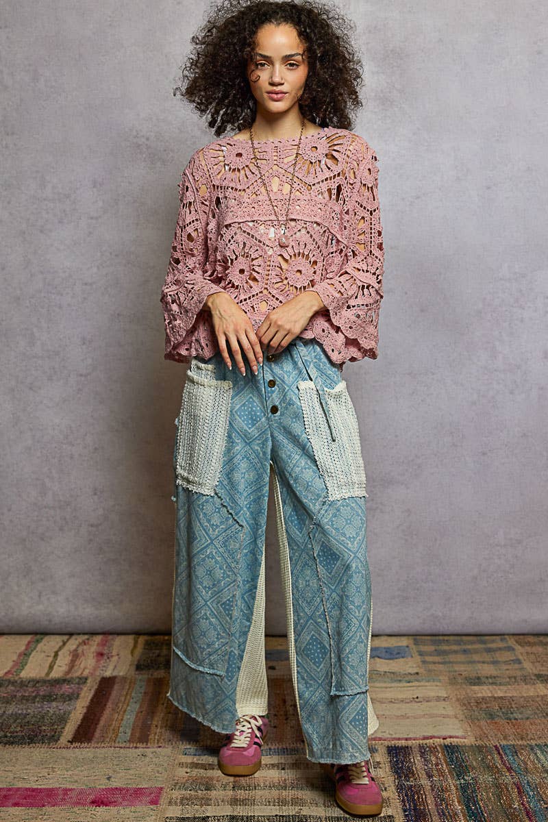 Round neck 3/4 sleeve crochet cropped top: ROSE PINK / Os