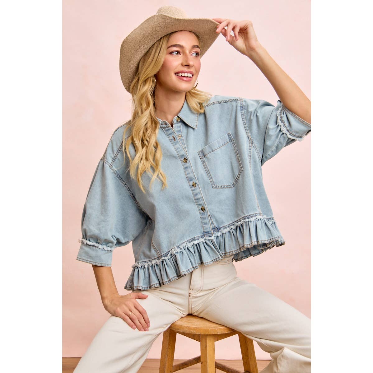 WASHED DENIM RUFFLED HEM BUTTON UP SHIRT: WASHED DENIM / S-XL
