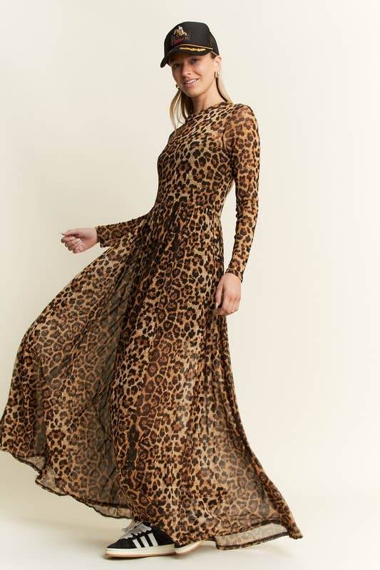 ANIMAL PRINT MESH MOCK DRESS: MOCHA BROWN