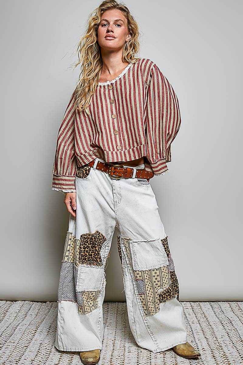 Ruffle Striped Pattern Wood Button Down Cotton Jacket Top: RED MULTI / L