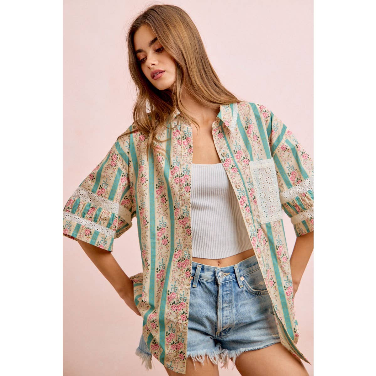 EYELET LACE AND FLORAL MIX AND MATCH SHIRT TOP: TEAL / S 2-6