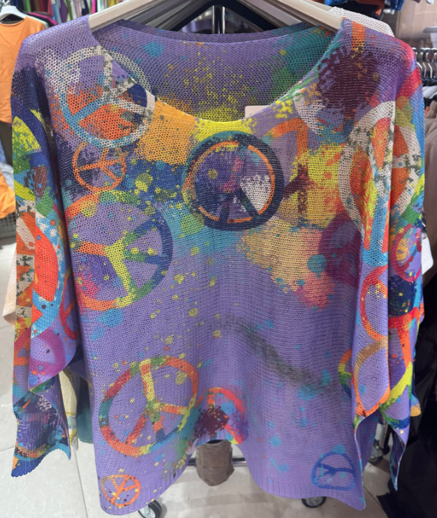VI228 Purple Peace & Love Knit Printed Sweater LOOWIE