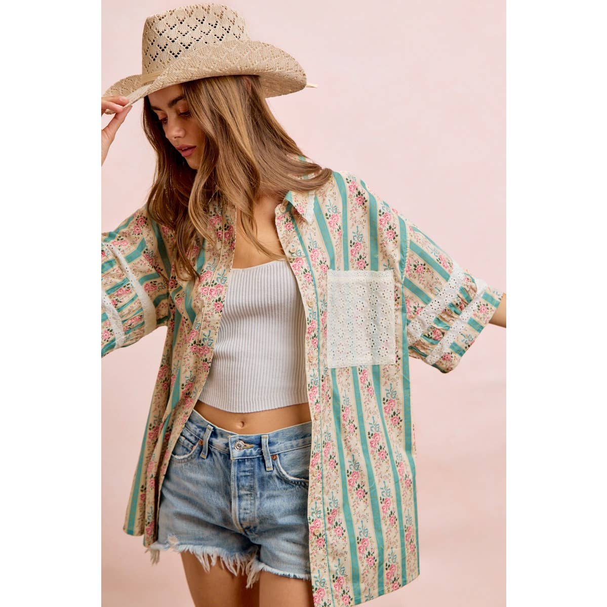 EYELET LACE AND FLORAL MIX AND MATCH SHIRT TOP: TEAL / XL 14-18