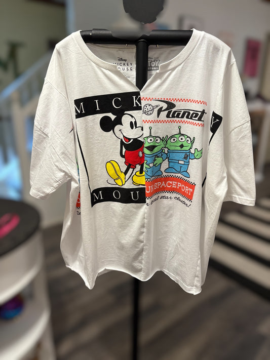 Disney Mickey Mouse and Alien graphic tee for a fun, casual look. Perfect for fans of Toy Story and vintage style. Front