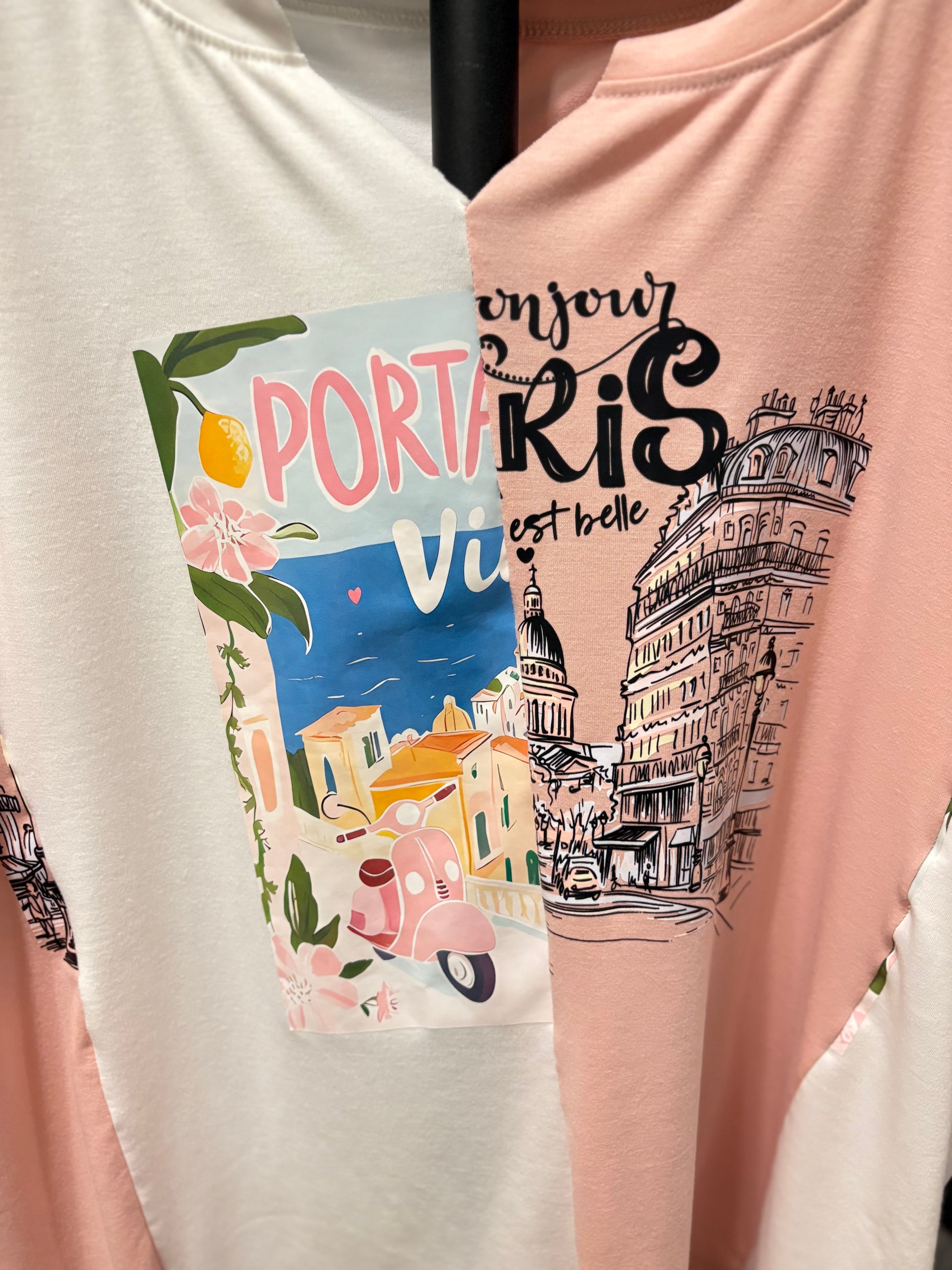 Trendy colorblock t-shirt featuring Paris-themed graphic and vibrant prints, perfect for casual wear. Detail
