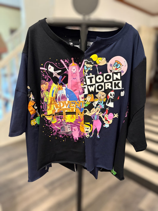 Graphic oversized tee featuring popular cartoon characters and a vibrant "Toon Work" design. Perfect for casual wear! Front