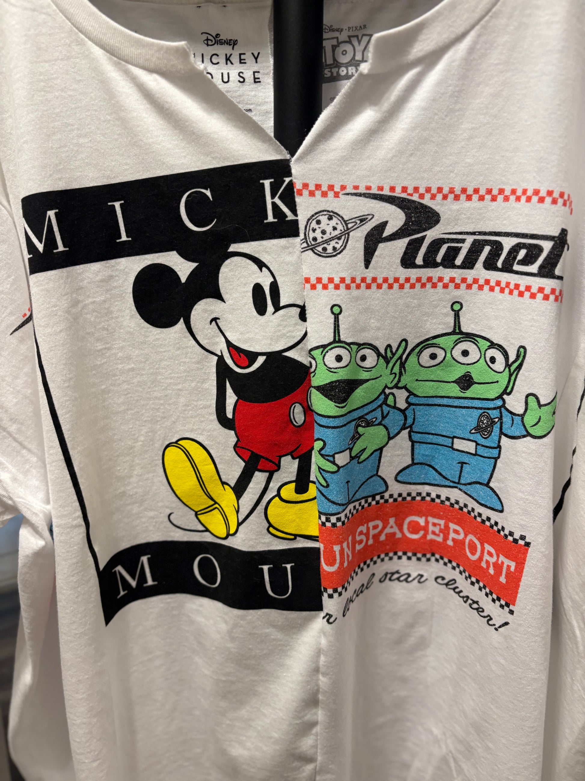 Disney Mickey Mouse and Alien graphic tee for a fun, casual look. Perfect for fans of Toy Story and vintage style. Detail