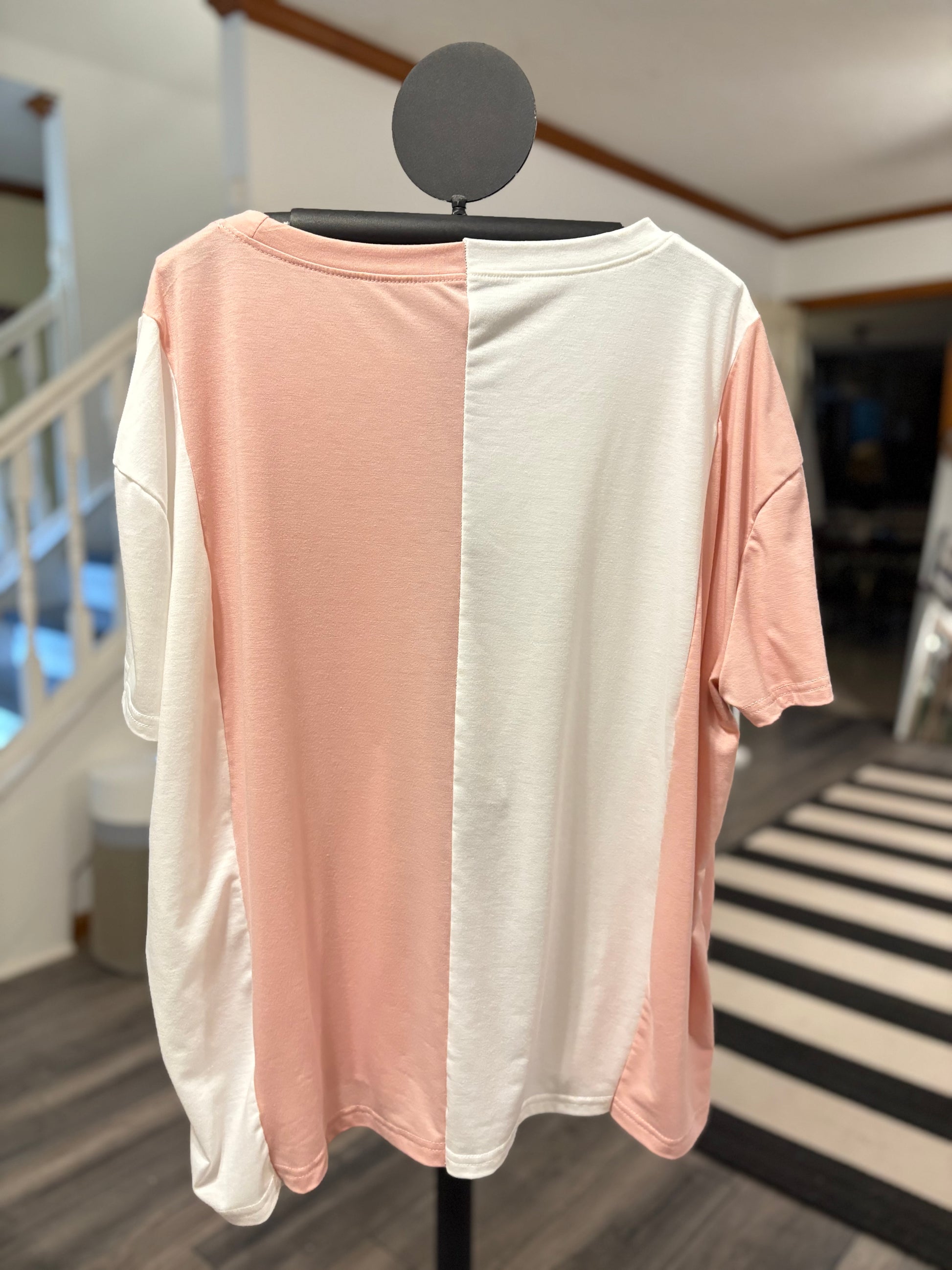 Trendy colorblock t-shirt featuring Paris-themed graphic and vibrant prints, perfect for casual wear. Back