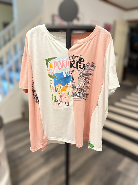 Trendy colorblock t-shirt featuring Paris-themed graphic and vibrant prints, perfect for casual wear. Front