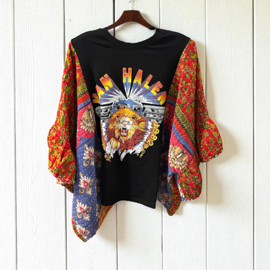Van Halen  Upcycled Kantha Flare Sleeve  Fits a Small to XXL Super Oversized