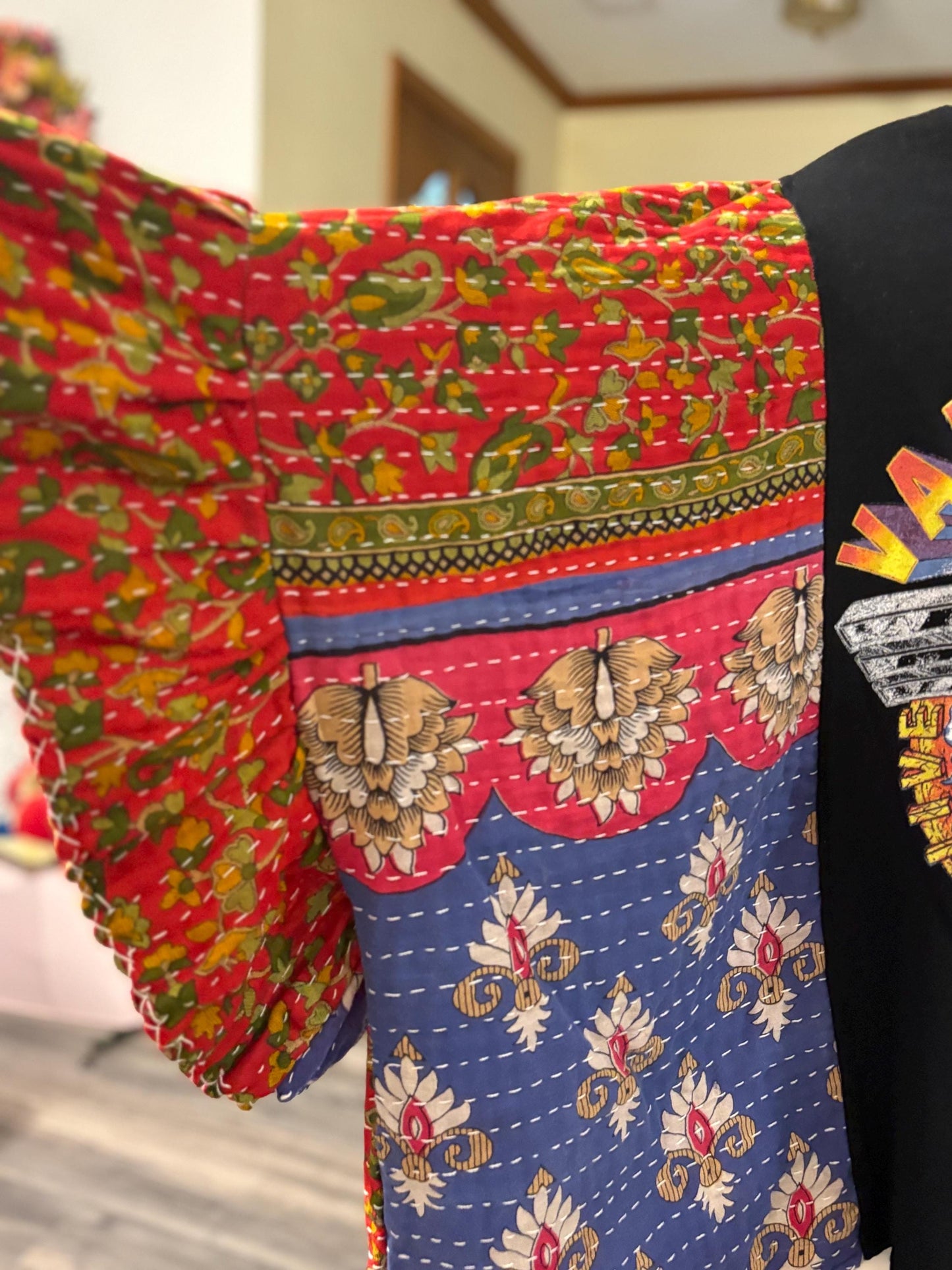 Van Halen  Upcycled Kantha Flare Sleeve  Fits a Small to XXL Super Oversized
